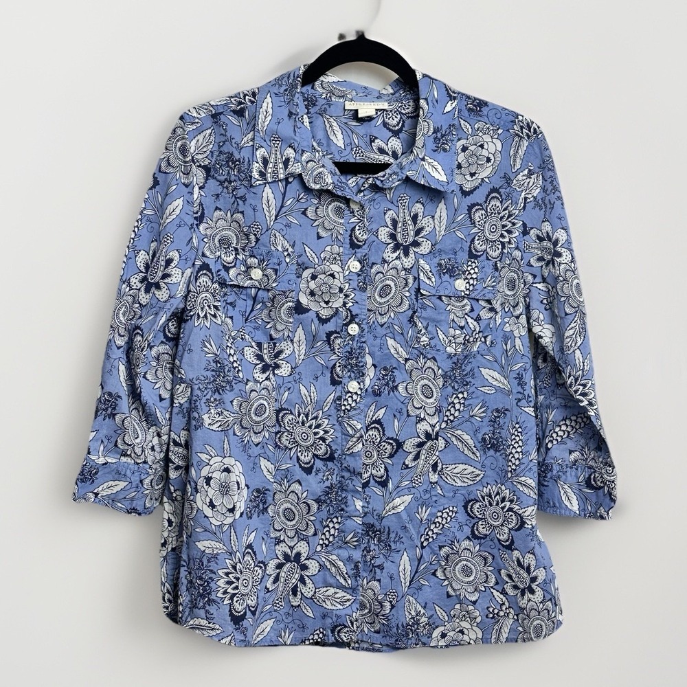 Appleseed's Blue Floral Button Up Blouse Women's Large 100% Cotton